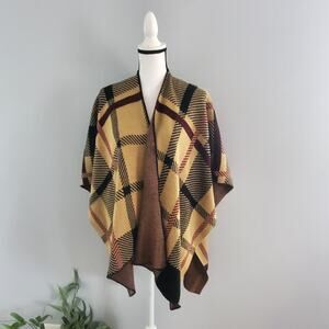 Plaid Ruana Poncho Open Wrap Shawl Cape OSFM